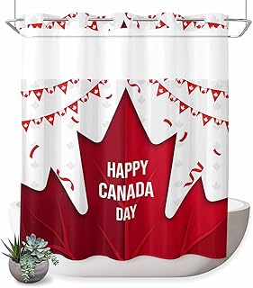 Happy Canada Day No Hook Shower Curtain Red Maple Leaf Gray Strip July 1st Shower Curtain with See Through Top Window, Waterproof Washable Fabric Curtain for Bathroom Hotel Decor, 66Wx72L