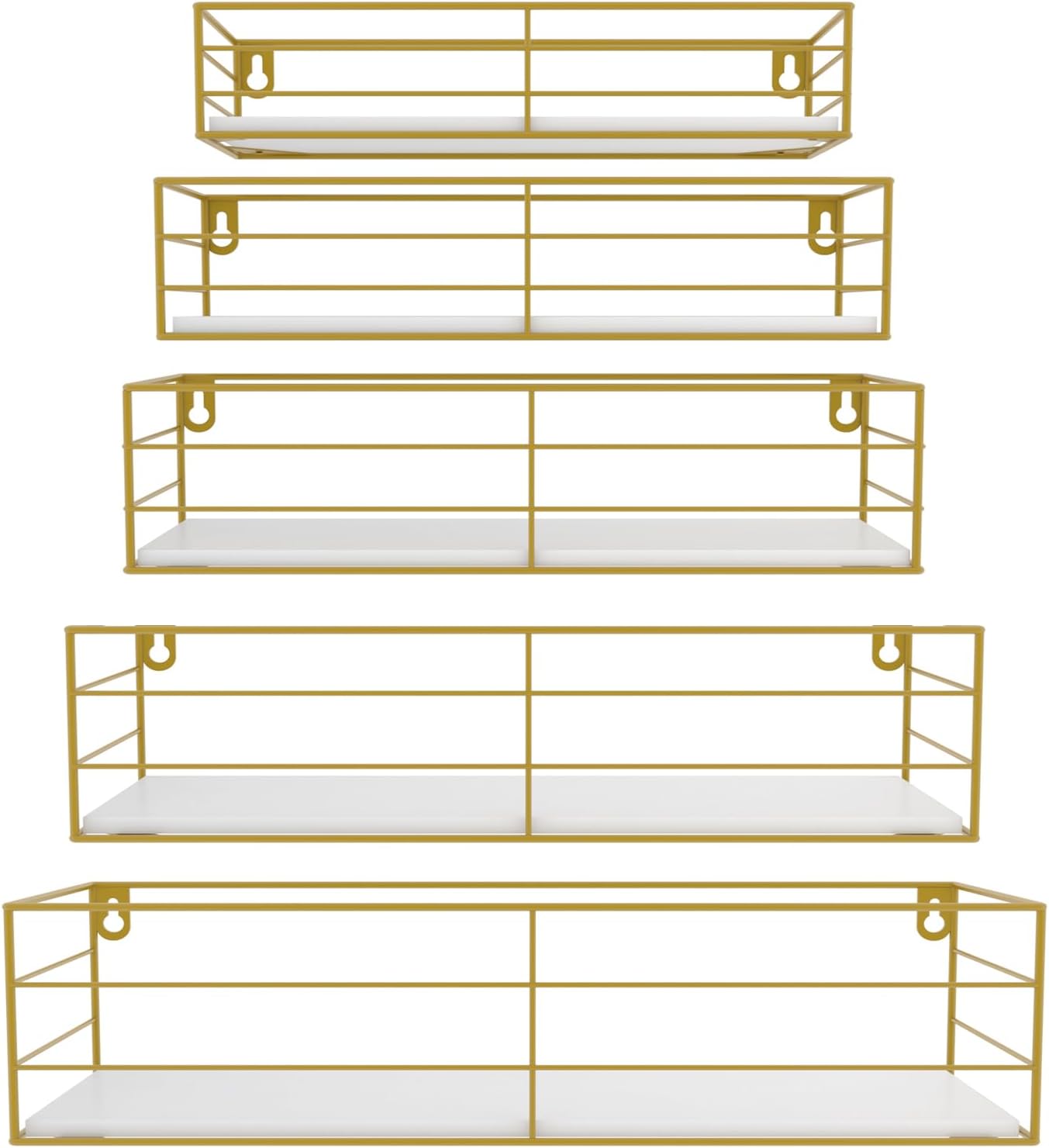 CRUGLA Gold Floating Shelves Wall Mounted Set of 5, Hanging Storage Floating Shelf for Bathroom, Kitchen, Bedroom, Living Room
