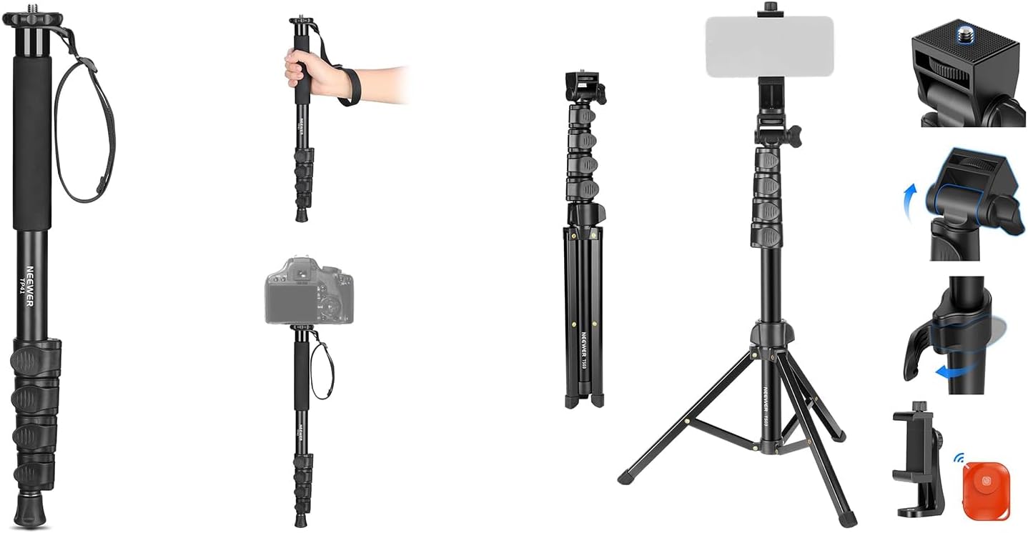 NEEWER TP41 61"/155cm Camera Monopod Stand + TS03 Basic Phone Tripod for iPhone & Camera with Remote & Phone Holder, Aluminum Alloy Portable Travel Video Monopod Pole with 1/4" 3/8" Screw Adapter