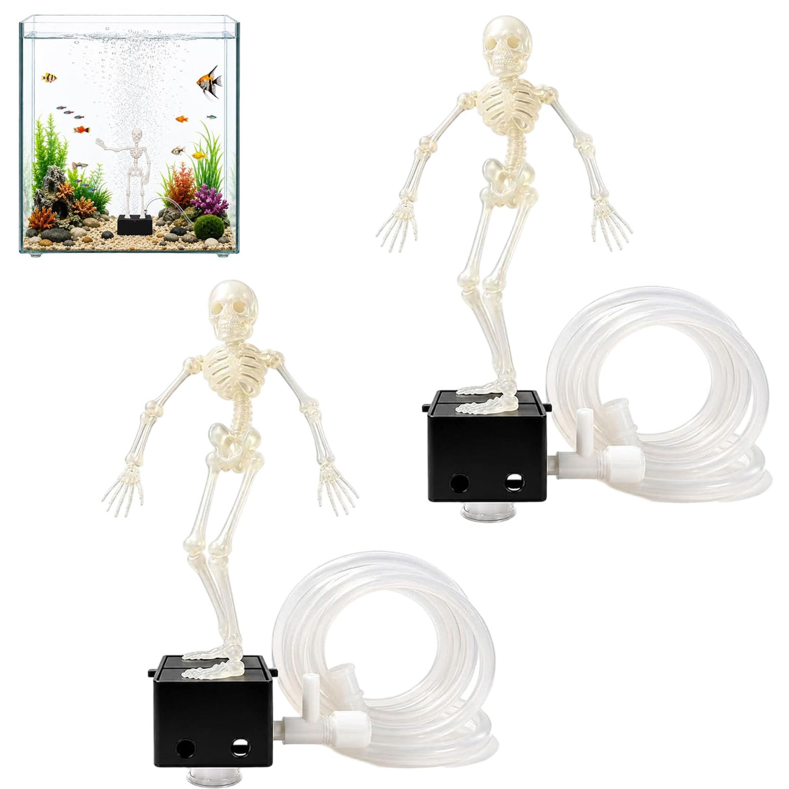 Dancing Skeleton Aquarium Bubbler, Air Driven Movable Resin Ornament (2pcs)