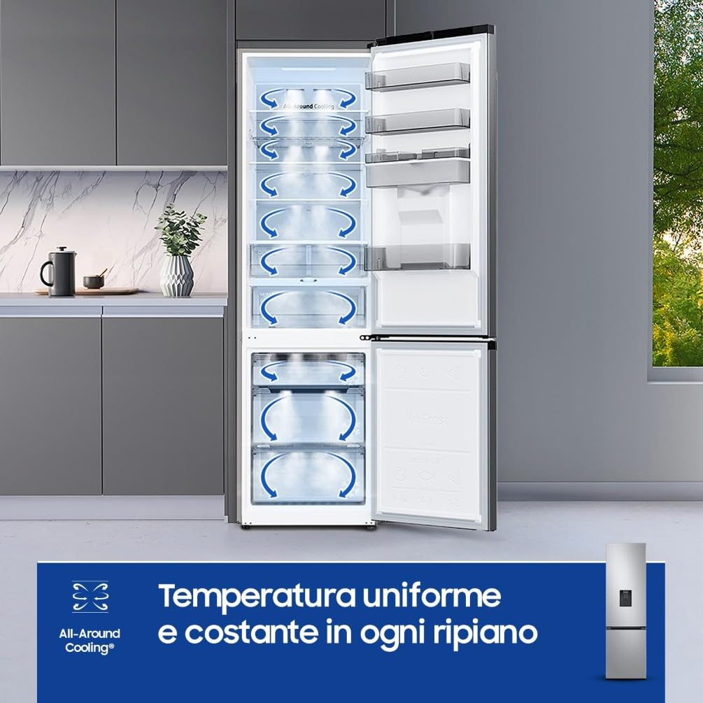 Samsung Frigorifero Combinato EcoFlex AI RB38C634DSA/EF con Dispenser dell'Acqua, WiFi, SpaceMax, Total No Frost, Motore Digital Inverter Garantito 20 Anni, 386 L, LxAxP: 59,5x203x65,8 cm, Silver Inox