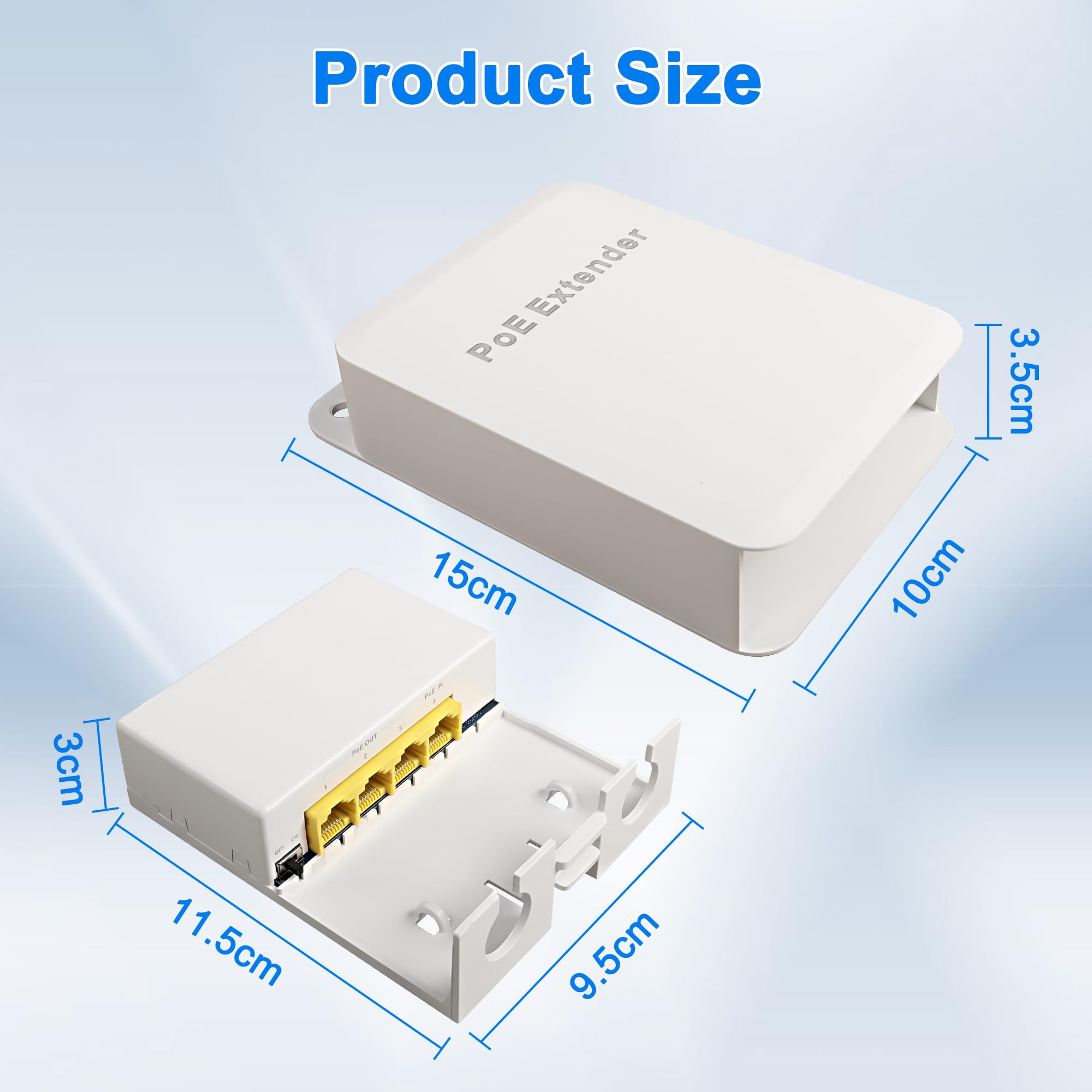 MEIRIYFA Gigabitowy przedłużacz zewnętrzny 4-portowy przełącznik PoE IEEE 802.3 af/at, 1000 Mb/s 1 PoE w 3 wyjścia, wodoodporny 30 W 100 m mocy i danych do wtryskiwacza PoE
