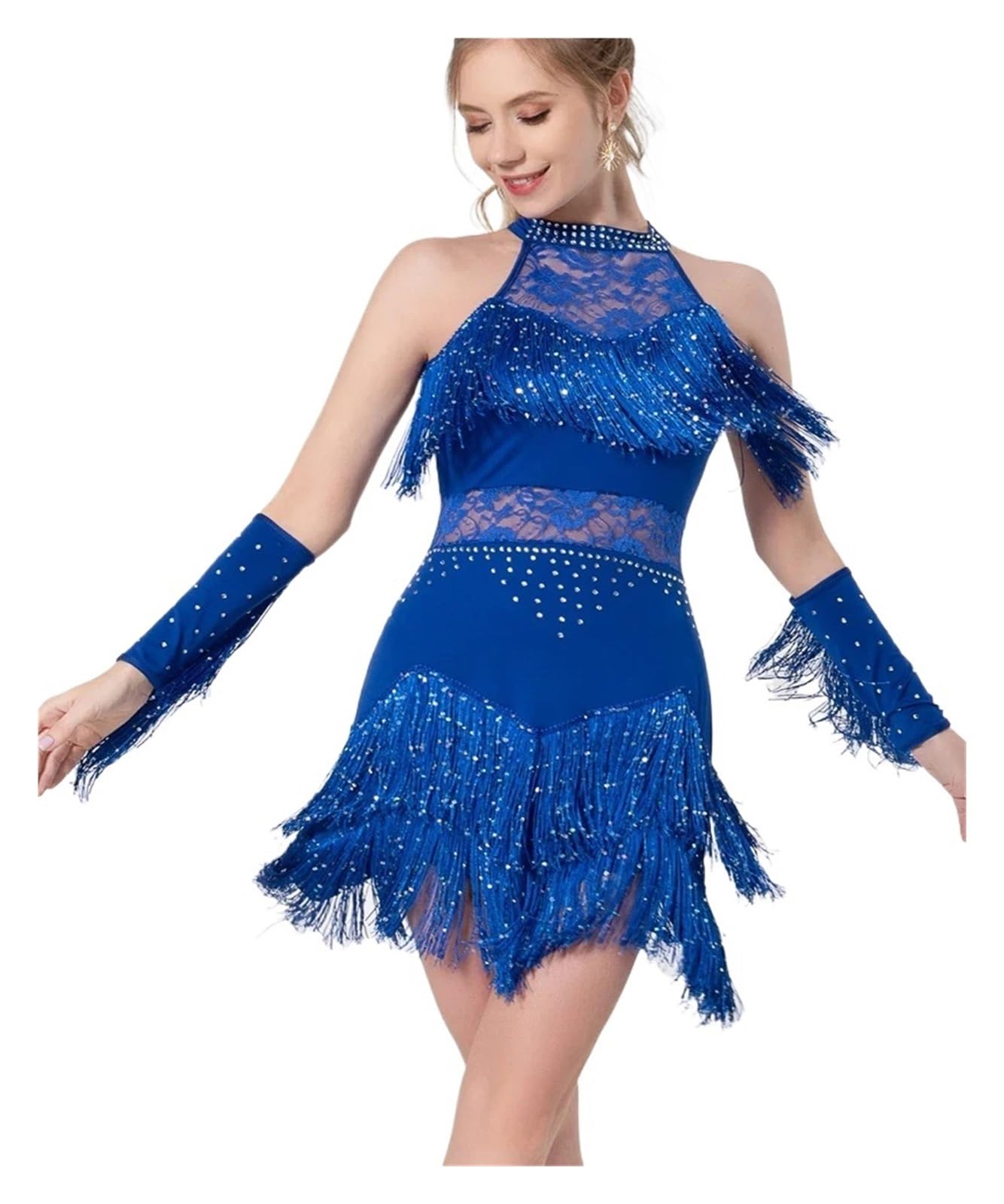 Abbigliamento da ballo latino Abito latino da donna in pizzo con strass Gonna con frange Gonna da ballo Salsa Samba Rumba Dancewear Abiti da scena for feste Completo e fascia da braccio(Blue,M)