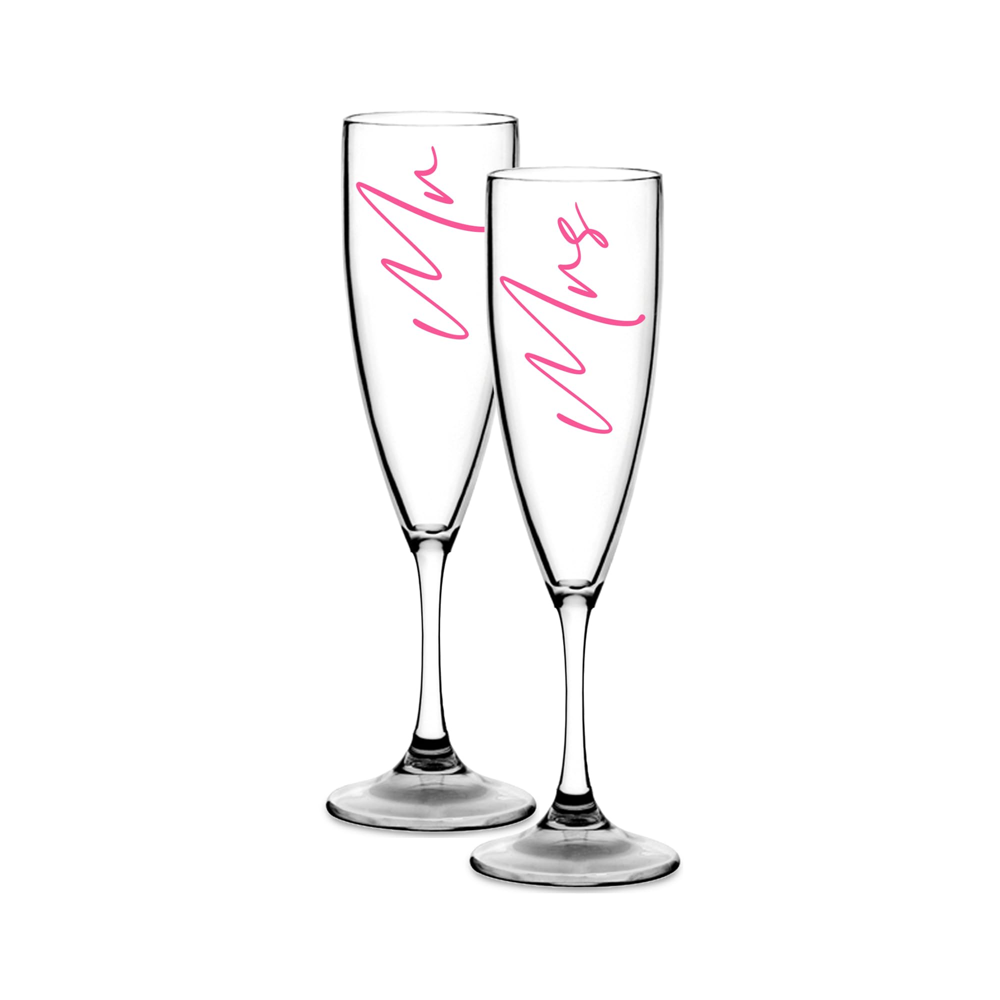 Print Maniacs Champagne Premium Clear Flute Glass Bride Groom Mr Mrs Wedding Maid Honour Wine Cocktail Prosecco Celebrations Gift (Baby Pink, Mr + Mrs Set)
