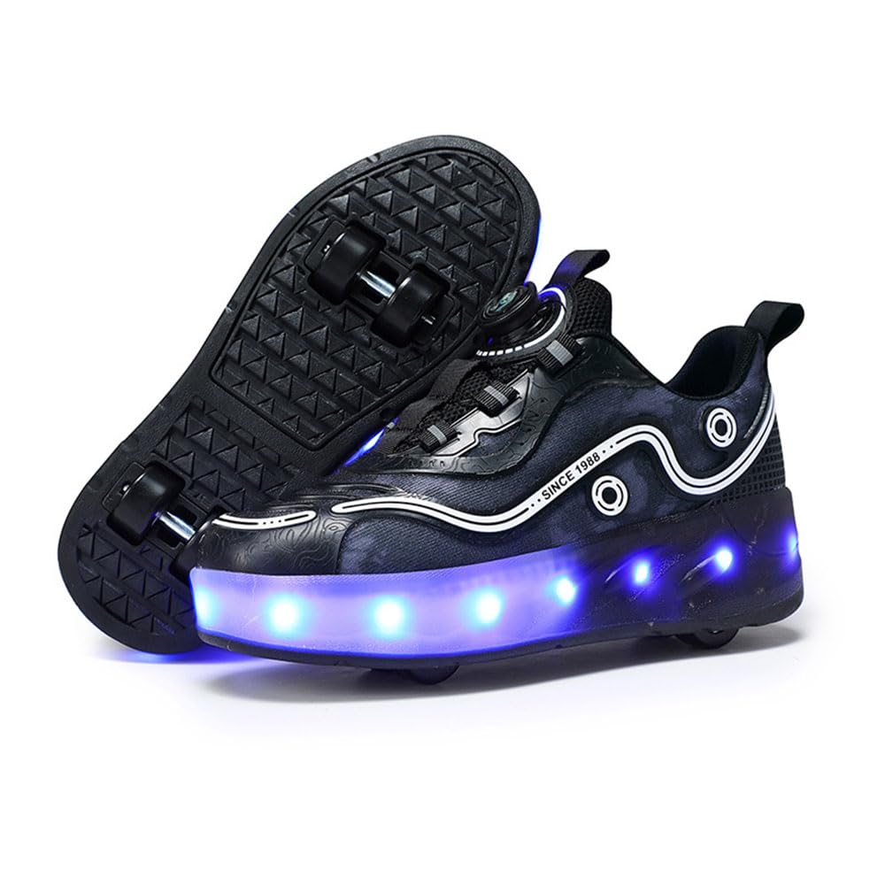 ENEN Chaussure à Roulette Lumière LED, Chaussures à Roulettes Rétractables Garçons Basket Roulette Enfant Fille, Roller 4 Roues Déformable Adolescents Intérieur Extérieur 30-40 EU
