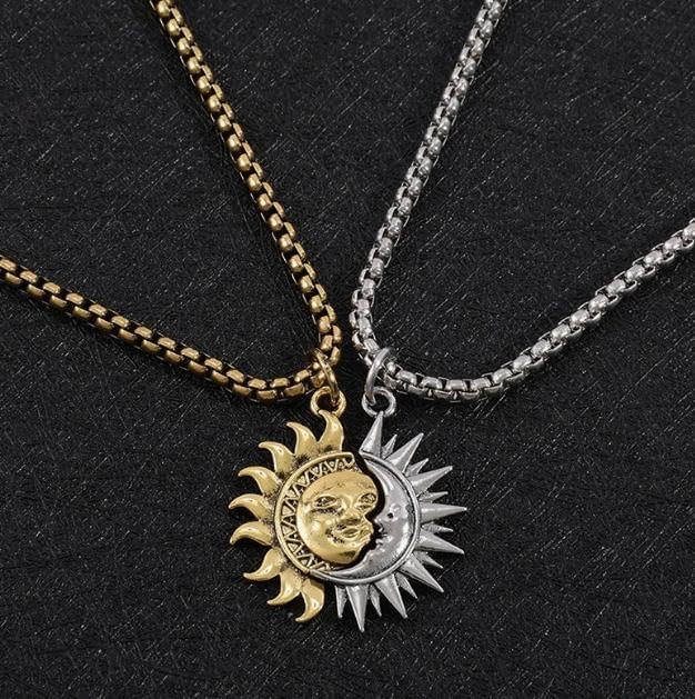 Sun and Moon Matching Necklace for Couple Asymmetric Sun Moon Dangle Hoop Earrings for Women Vintage Couple Half Moon Sun Pendant Necklace Jewelry for Men2