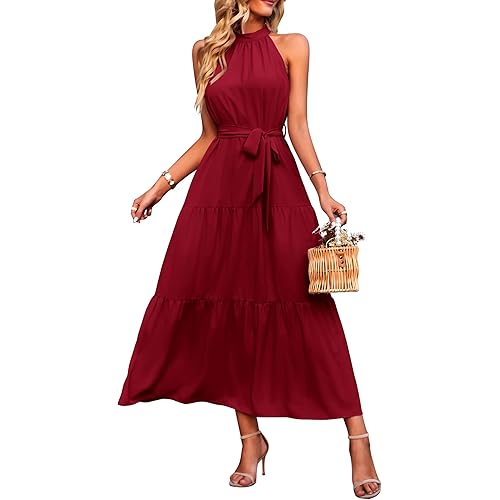 PRETTYGARDEN Women's Summer Floral Maxi Sun Dress Sleeveless Halter Neck Flowy Ruffle Hem Long Boho Dresses with Belt