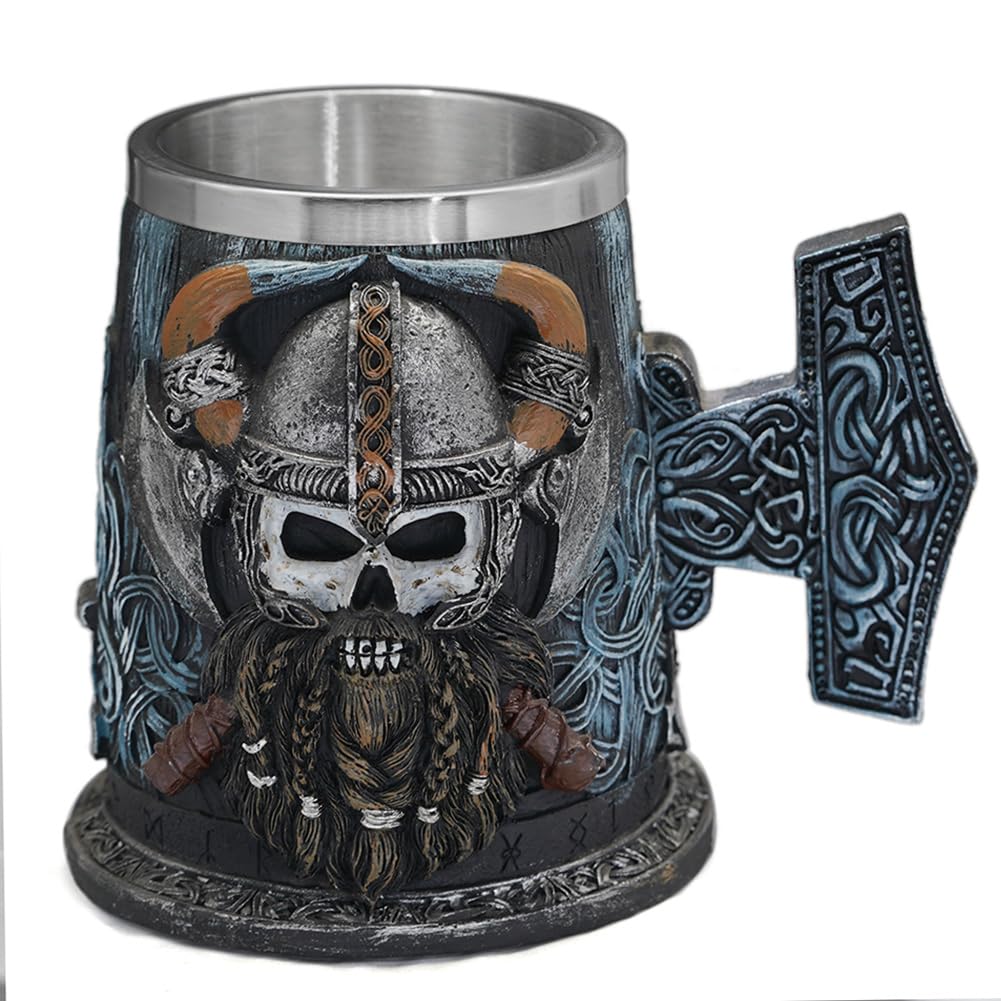 GuoShuang Danegeld Tankard Mjolnir Mug With Stainless Steel Insert Resin Skull Viking Beer Coffee Beer Mugs Cup BEST Birthday Gift 650ml