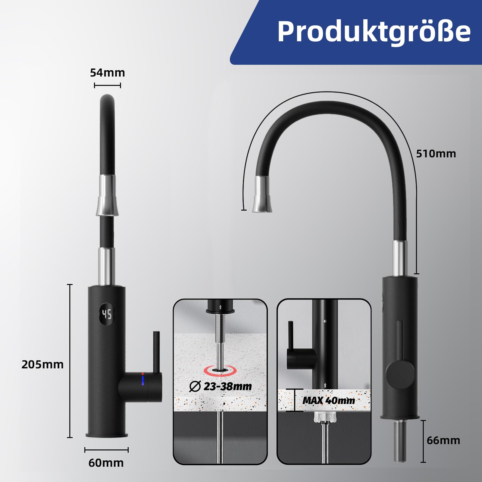 Wasserhahn mit Durchlauferhitzer Küche, 3200W Elektrischer Wasserhähne Sofort Heißes Küchenarmatur mit Flexibler Auslauf und LCD Temperaturanzeige, 360º Drehung Schnellheizungshahn Armatur, Schwarz