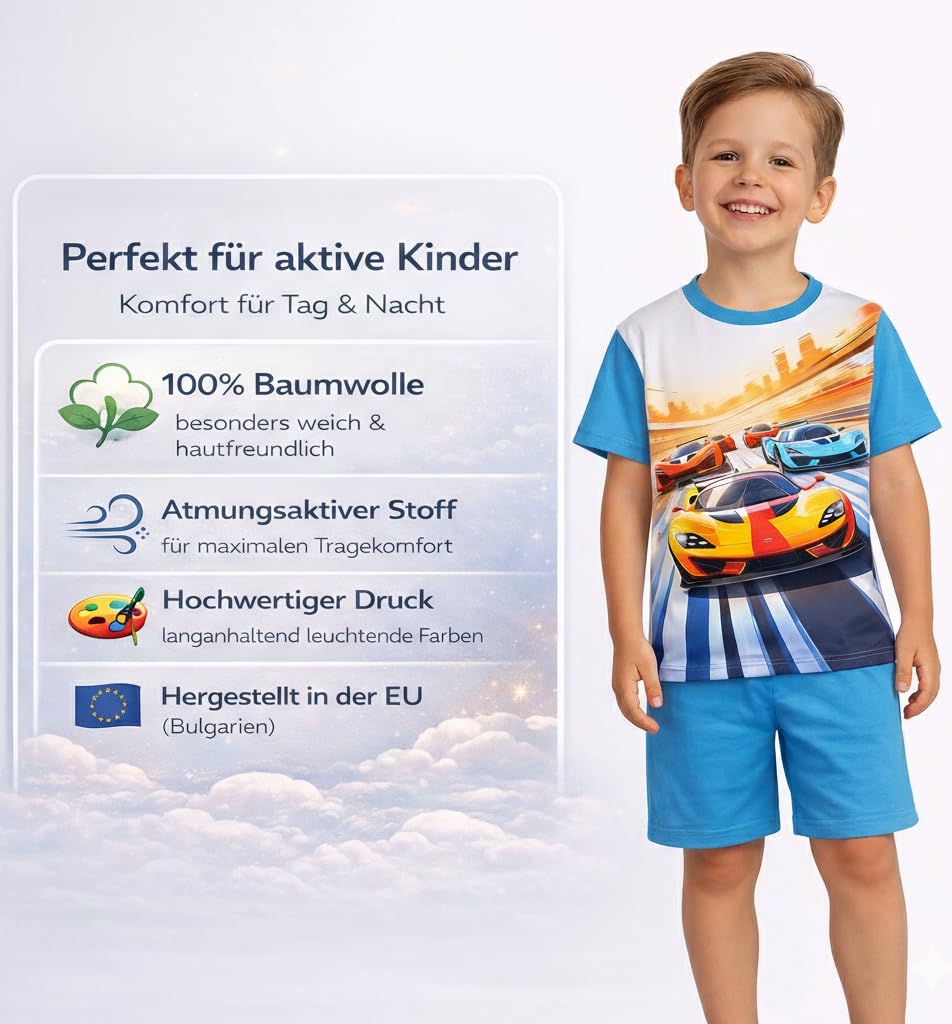 Schlafanzug Junge Kurzarm | 100% Baumwolle | Pyjama Junge Sommer | Nachtwäsche | Pyjama Set | Schlafanzug Kurz | Blau | Zweiteiliger Schlafanzug
