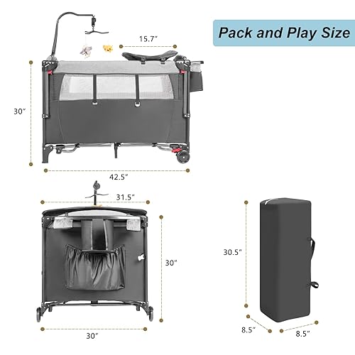 Miniatura 8 de Paquete y juego 5 en 1, moisés de bebé con cambiador de pañales en forma de U, portátil para niños pequeños, cuna de bebé con 4 alturas ajustables,