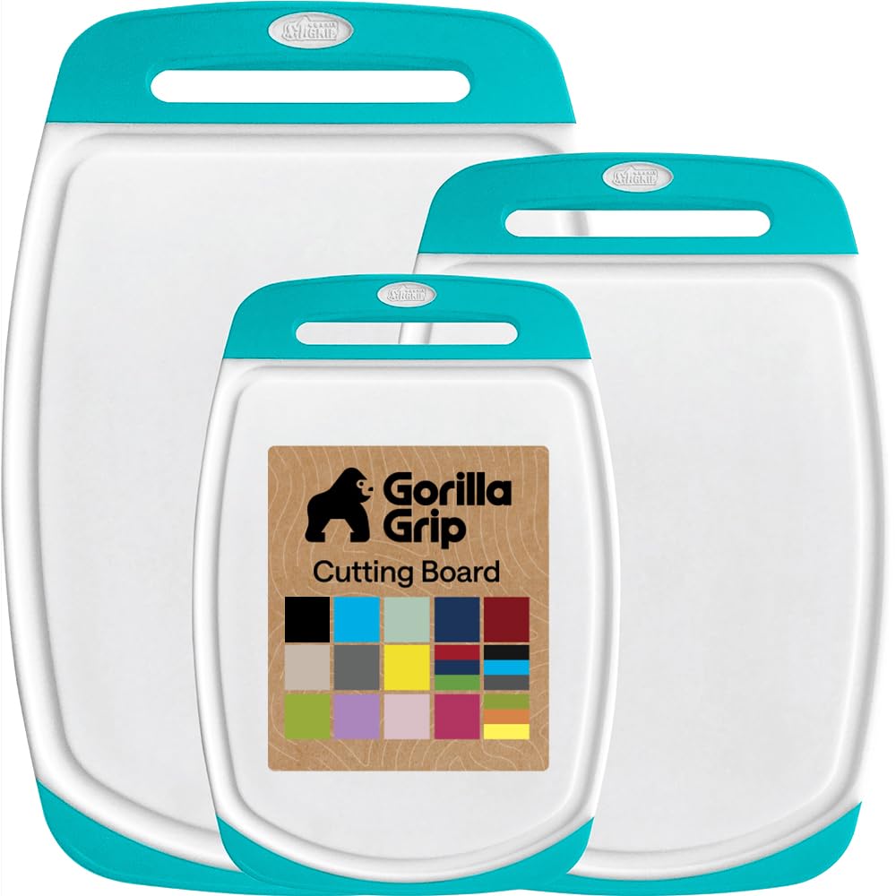 GORILLA GRIP BPA-Free Reversible Kitchen Cutting Board, Set of 3, Turquoise