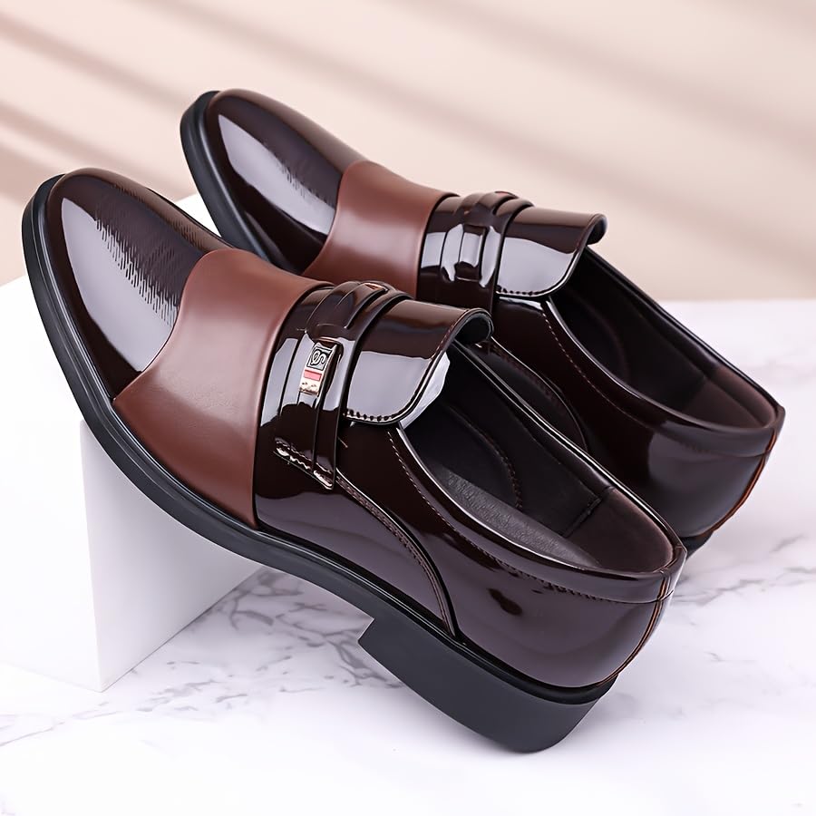 Men's Glossy Finish Dress Shoes - Business Casual Style, Solid Color, Pointed Toe, Slip-On Design, Rubber Sole, Comfortable for Work & Social Event4