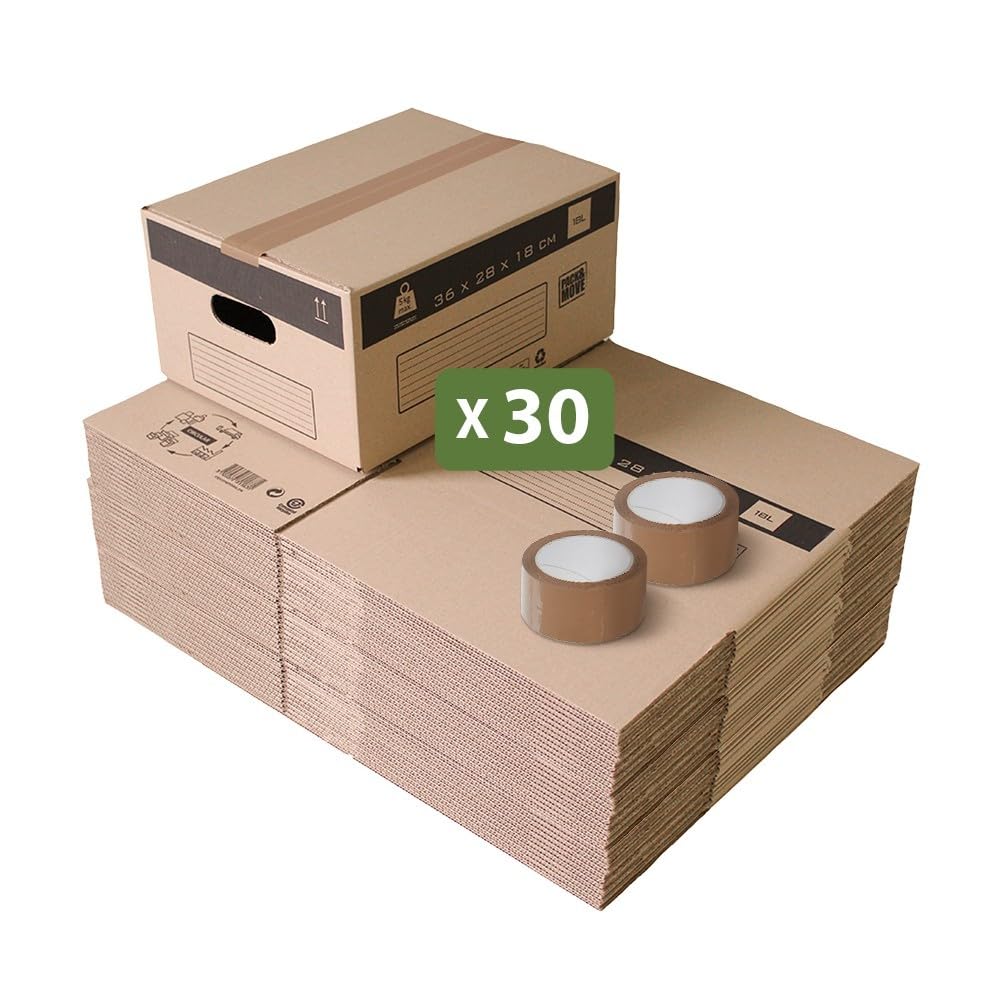 Pack and Move - Zestaw 30 kartonów do przeprowadzki do przechowywania S - 36 x 28 x 18 cm - wzmocnione uchwyty - 2 naklejki w prezencie