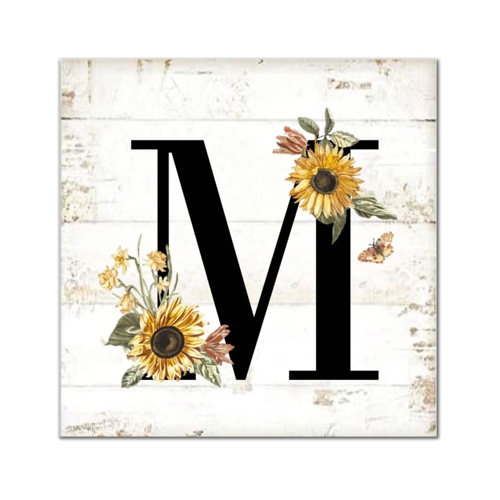 Lettre M en bois à motif tournesol jaune pour déco murale noire