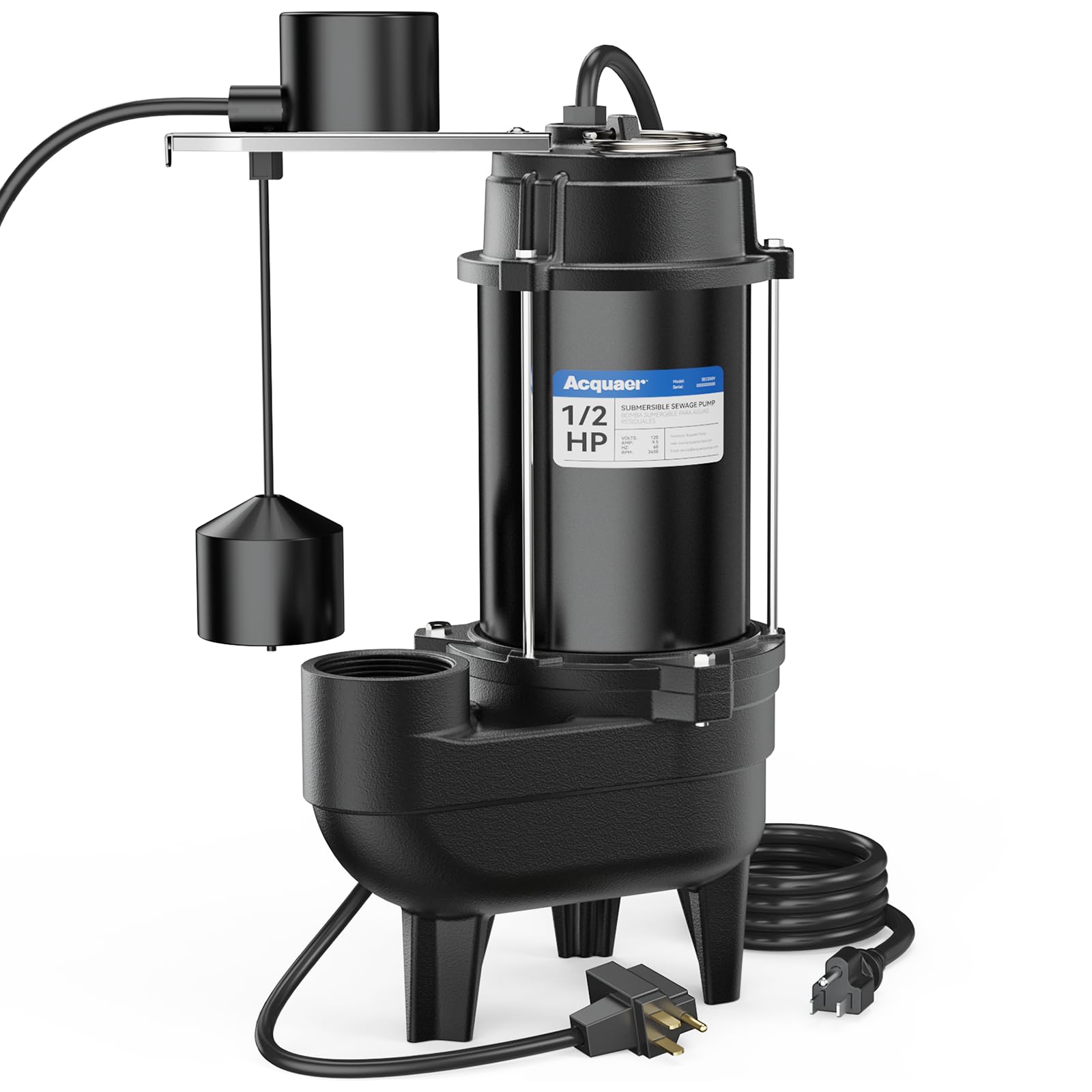 Acquaer 1/2HP Sump Pump Submersible, 6000 GPH Cast Iron Sewage Pump with Automatic Integrated Vertical Float Switch and Piggyback Plug, 2'' NPT Discharge Basements Pump for Sewers, Flood Zones