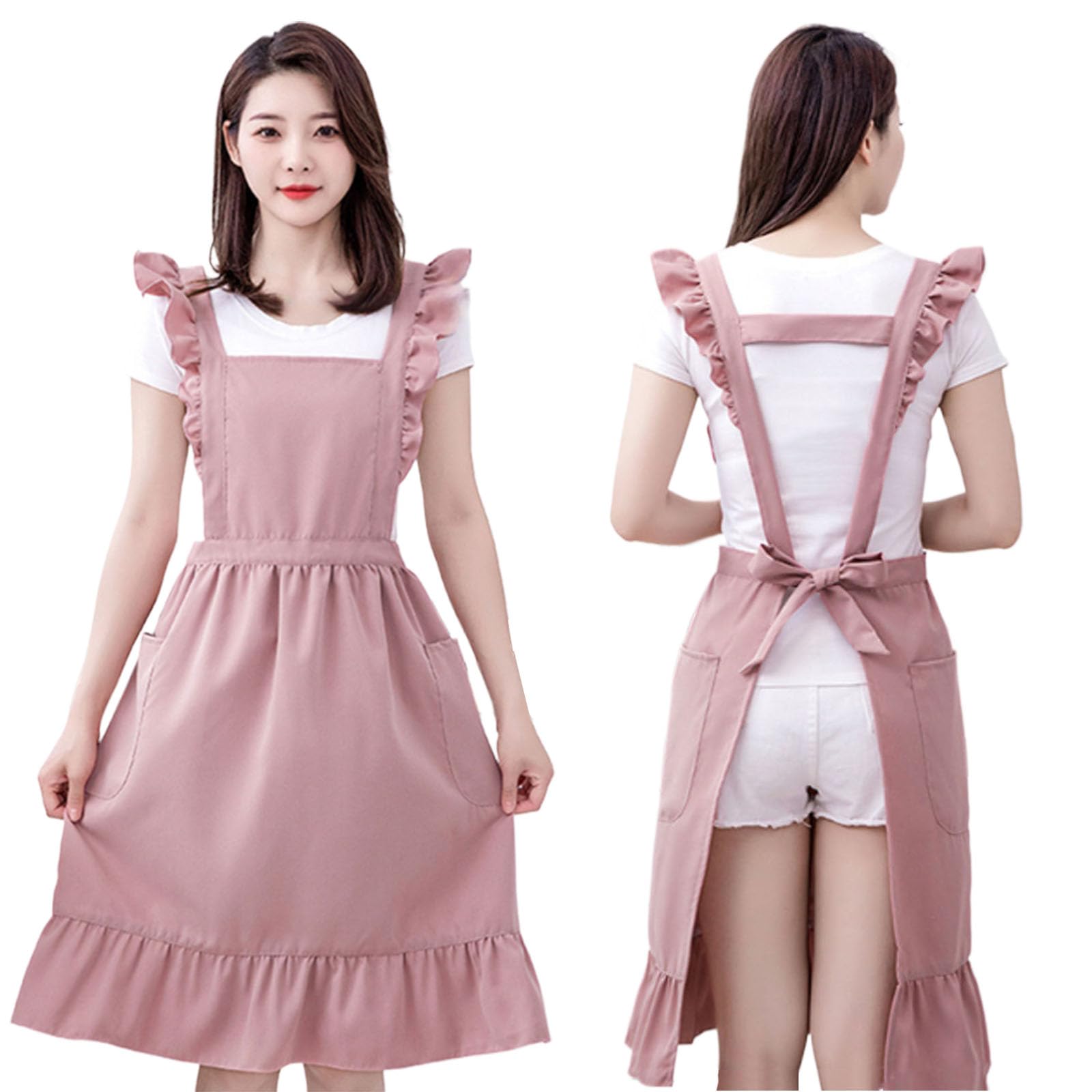 Oaygat Women's Pink Kitchen Chef Apron Tabards For With 2 Pockets Wrap Around Vintage Aprons Adjustable Cooking Apron Casual Bib Pinafore Ruffle Pinny Cotton Pinafore Aprons For Baking Home Kitchen