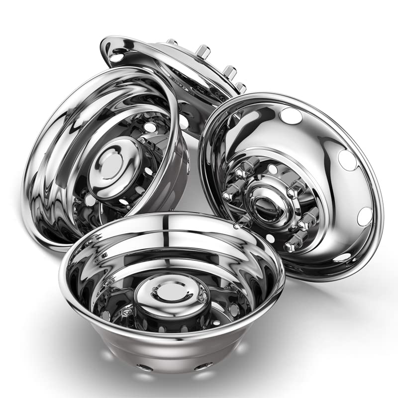 Image of 16 inch Polished Stainless Steel Dually Wheel Simulator fit for 1974-1998 Ford F350, 2008-2021 E350 /E450 Van,1974-1999 Dodge Ram 3500,4pcs Bolt On Hubcaps,8 Lug 8 Hand Hole Wheel Cover 608F