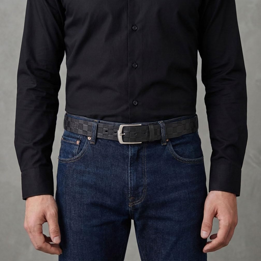 Men's Genuine Leather Belt 1.5" Plaid Prong Buckle Laser-Electroplated Trim to Fit Soft Cowhide for Jeans