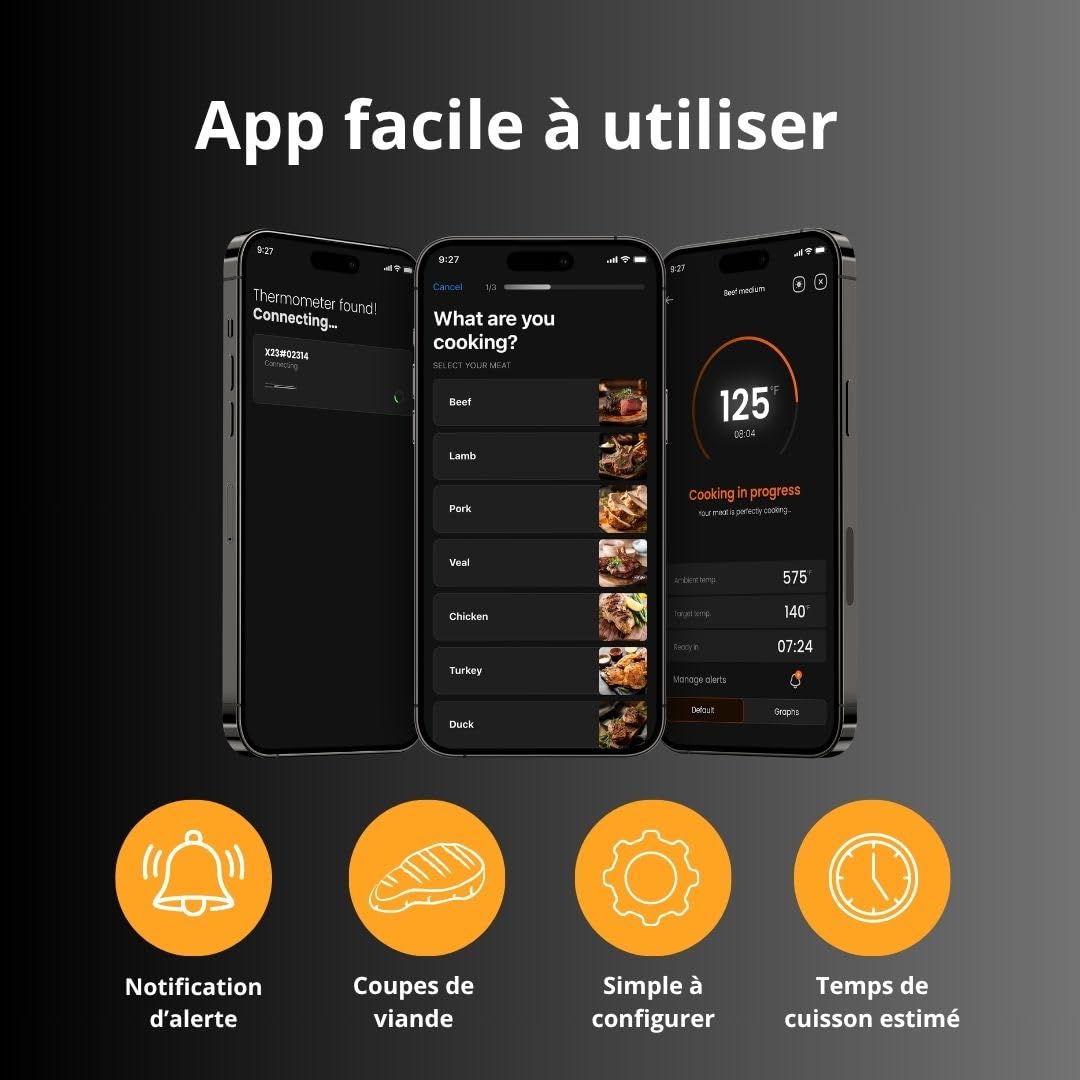 Orka Meat It 3 | Thermomètre à Viande Intelligent Sans Fil - Bluetooth - 3 Capteurs de Température - Pour Barbecue, Four, Gril, Sous Vide, Fumoir (Jusqu'à 100 m de Portée)