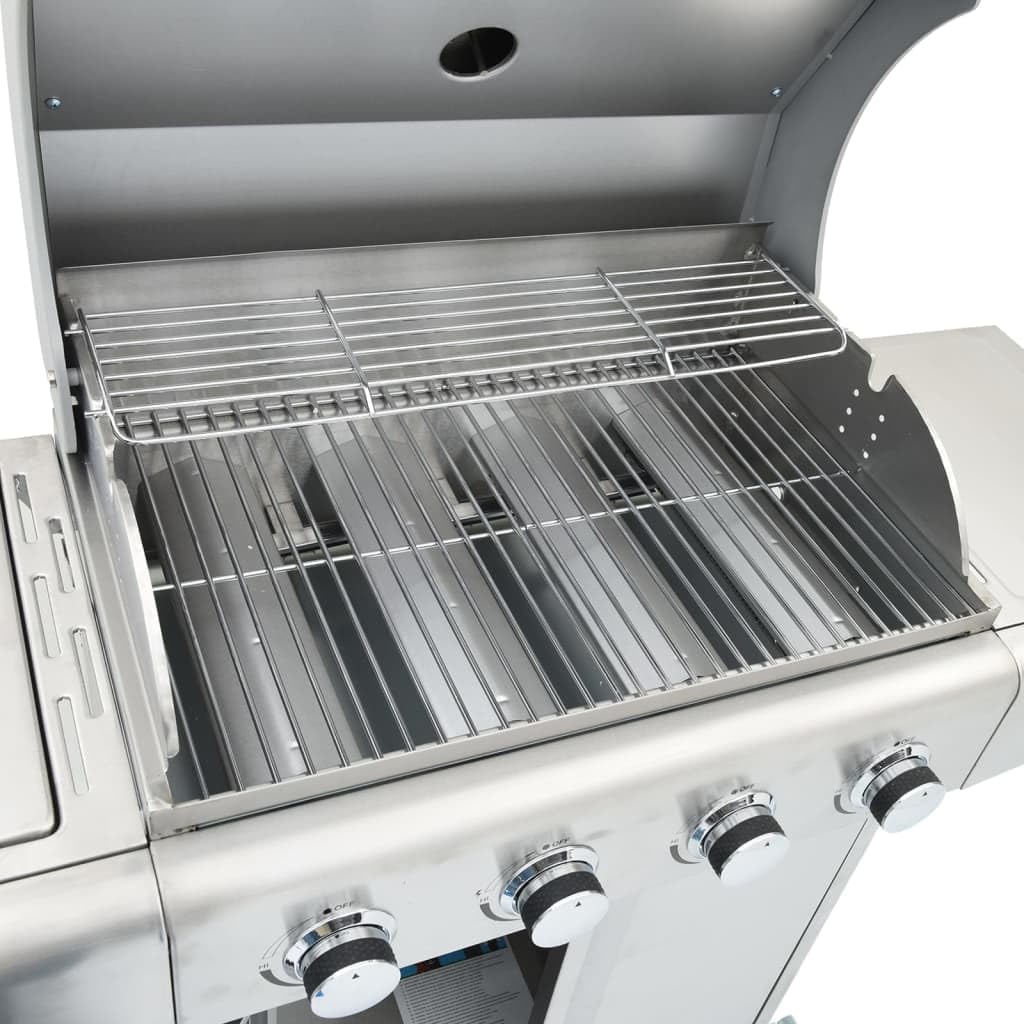 Grill gazowy z 5 płomieniami, ze stali nierdzewnej, srebrny, powierzchnia grillowania: 63 x 40 cm, moc 16 kW, z zapłonem piezoelektrycznym i wbudowanym termometrem, do ogrodu, na balkon