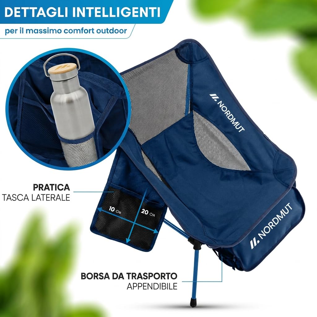 NORDMUT® Sedia da campeggio compatta e ultraleggera – con portata fino a 150 kg – Sedia pieghevole leggera in alluminio per campeggio, outdoor e festival (Blu 1x)