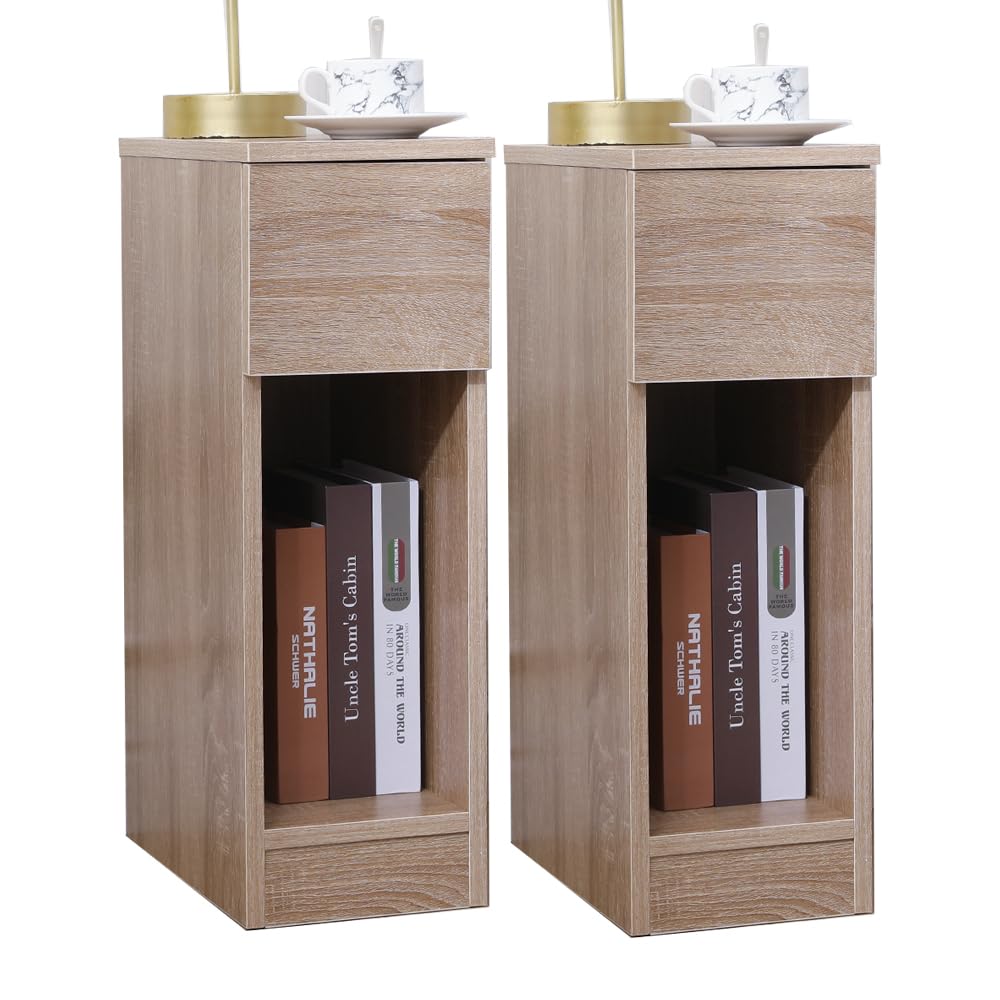 Rainbow Tree Slim Tall Bedside Table Cabinet with Drawer & Storage Space for Bedroom, Narrow Sofa Side Table End Table for Living Room, Nightstand Walnut — image 1