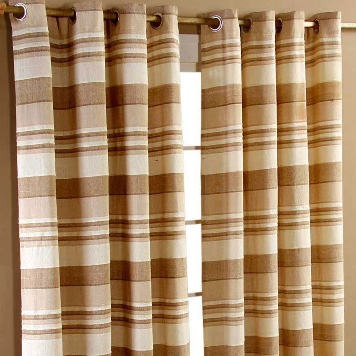 Homescapes Cotton Morocco Striped Curtain Pair - Beige - 140 cm width x 137 cm drop