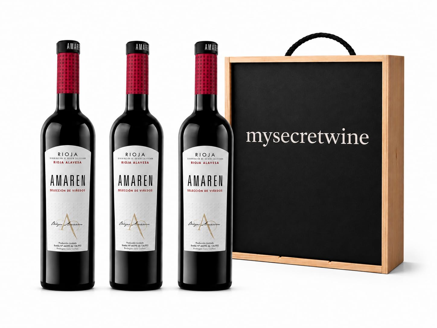 Pack 3 Botellas Amaren Selección de Viñedos – Vino Tinto D.O.Ca. Rioja – Rioja Alavesa – Bodegas Amaren + Caja de Madera MySecretWine – Pack Regalo