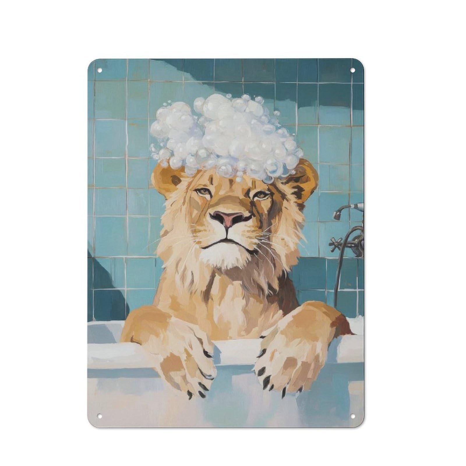Retro Metal Wall Plaque 40x30cm Featuring Lion in A Bath, Room Wall Plaque for Hallway, Home Bar, Garage Or Study