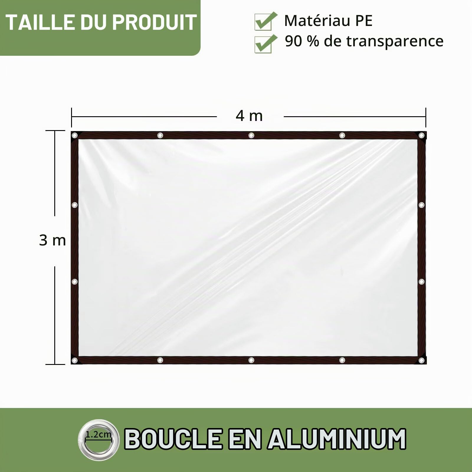 Bâche imperméable transparente avec œillets - Imperméable - Transparent - 3 x 4 m - Pour extérieur, terrasse, poulailler, balcon