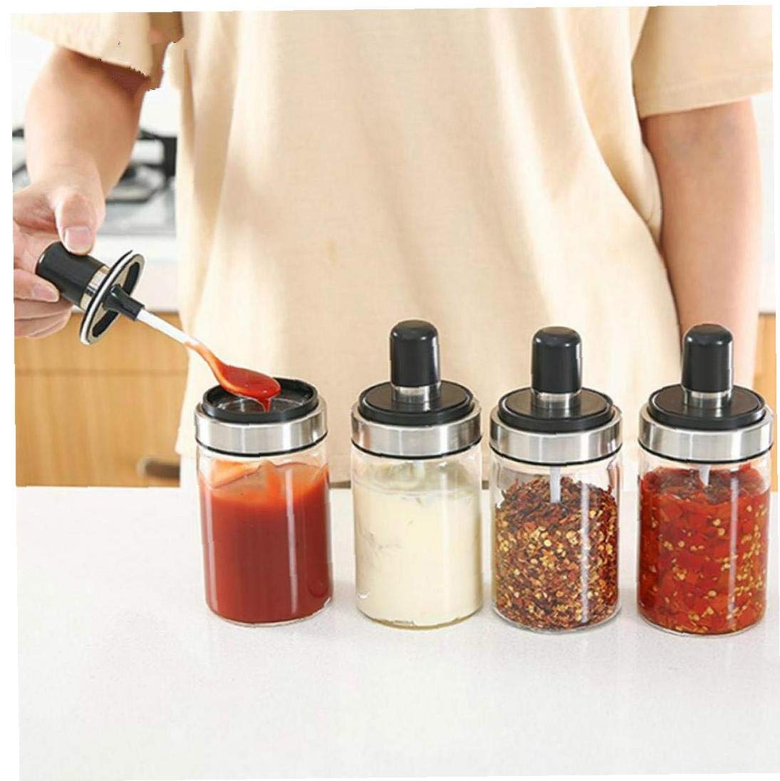 Glass Spice Jars Seasonning Box Jar Condiment Jar, Combination Spoon and Lid Design, Premium Commercial Grade, Empty Jars Airtight Cap 1pc