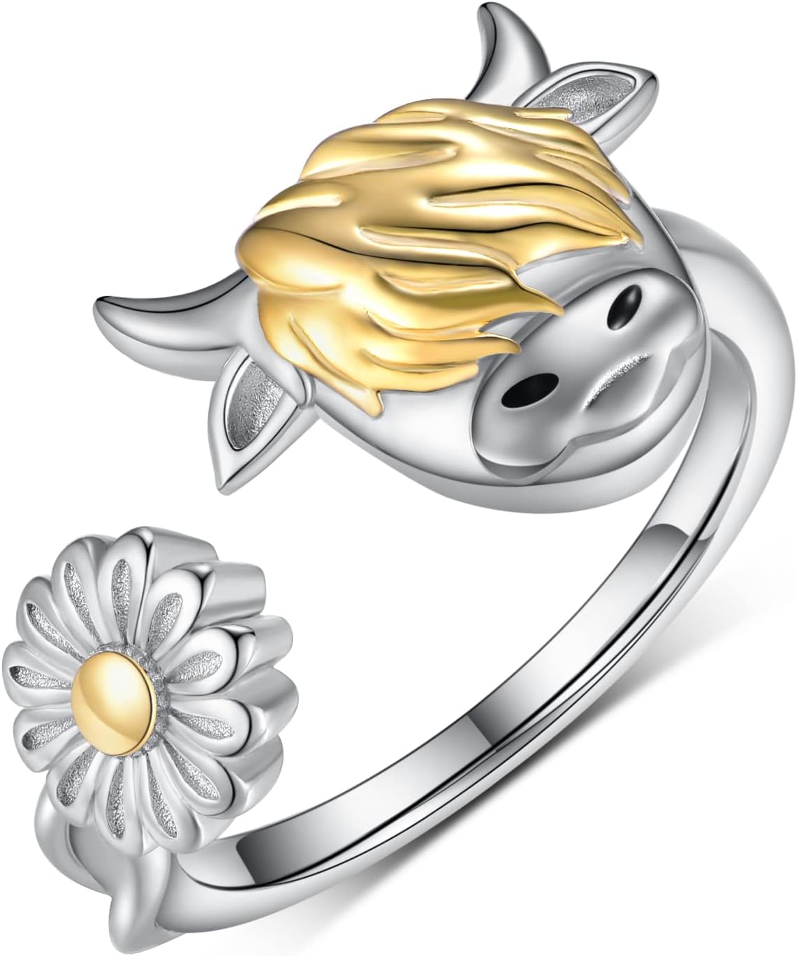 Highland Cow Open Ring 925 Sterling Silver Adjustable Cute Animal Open Rings with Loving Heart Cow Jewelry Gift for Women