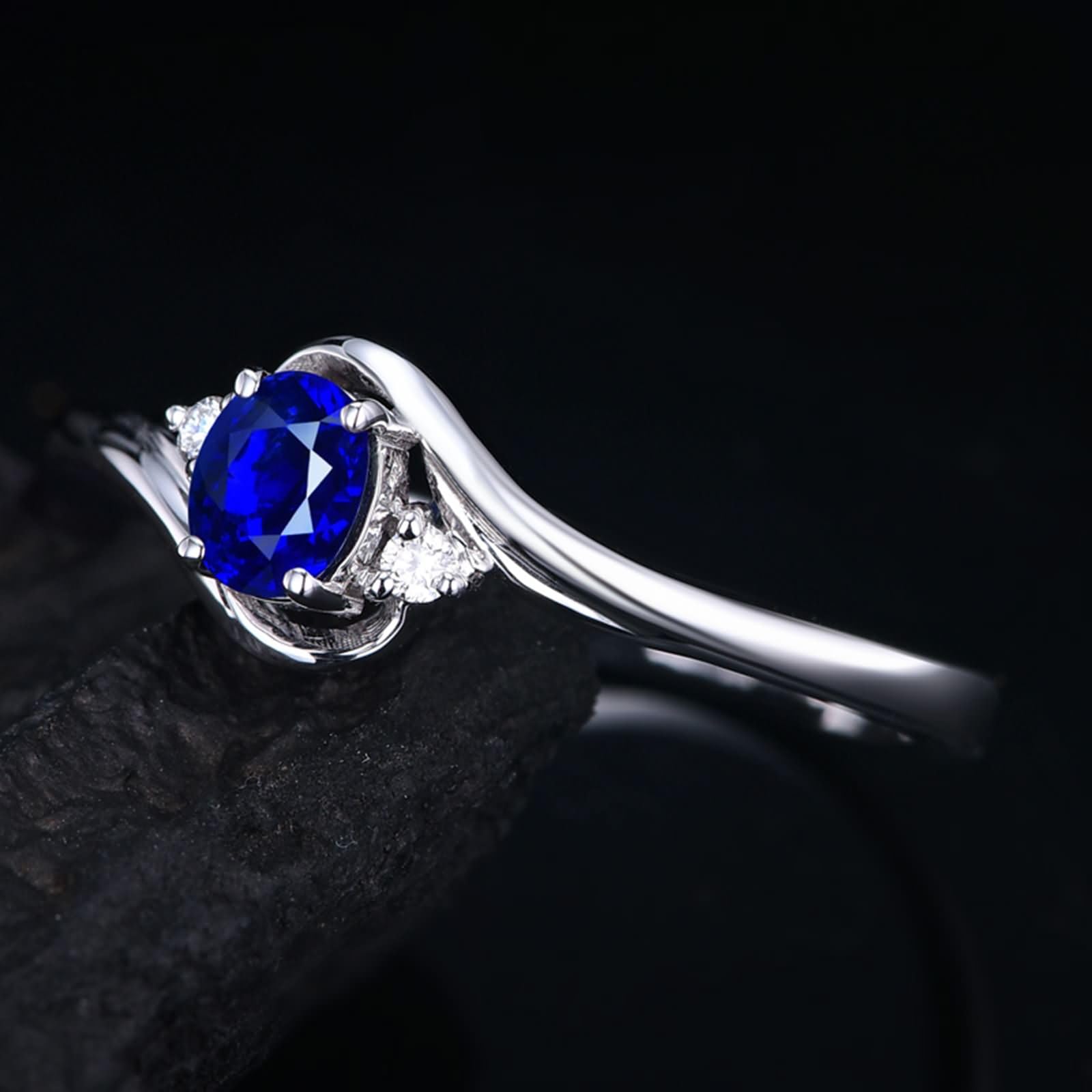Obrączki ślubne z białego złota 9K / 14K / 18K dla kobiet, 4 owalne szczęki z szafirem 0,3 ct i diamentem, pierścionek zaręczynowy damski niebieski srebrny