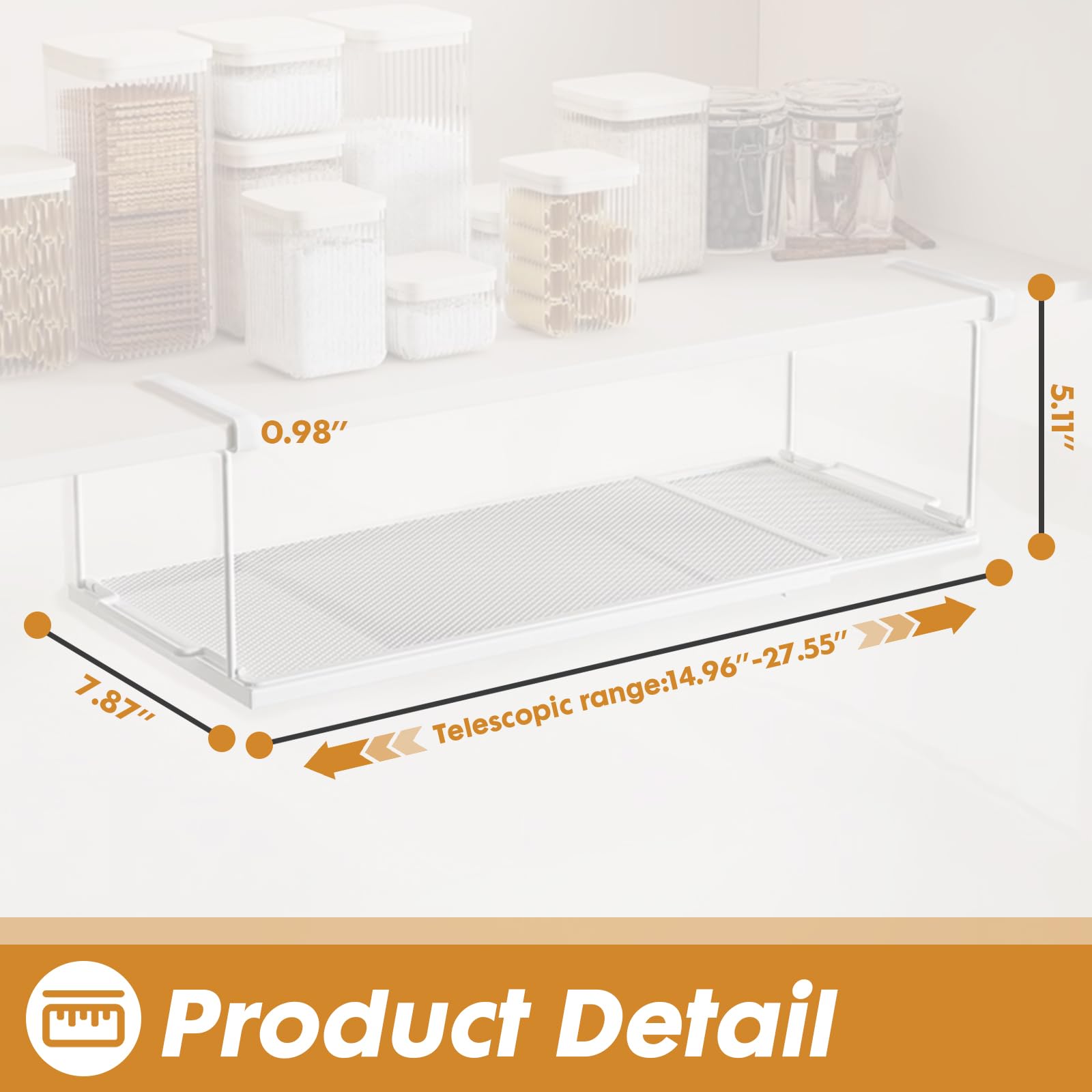 Cestello Sottoripiano Estensibile in Metallo, Organizzatore Sospeso senza Forature per Cucina, Ufficio, Dispensa e Armadio, Standard, Bianco