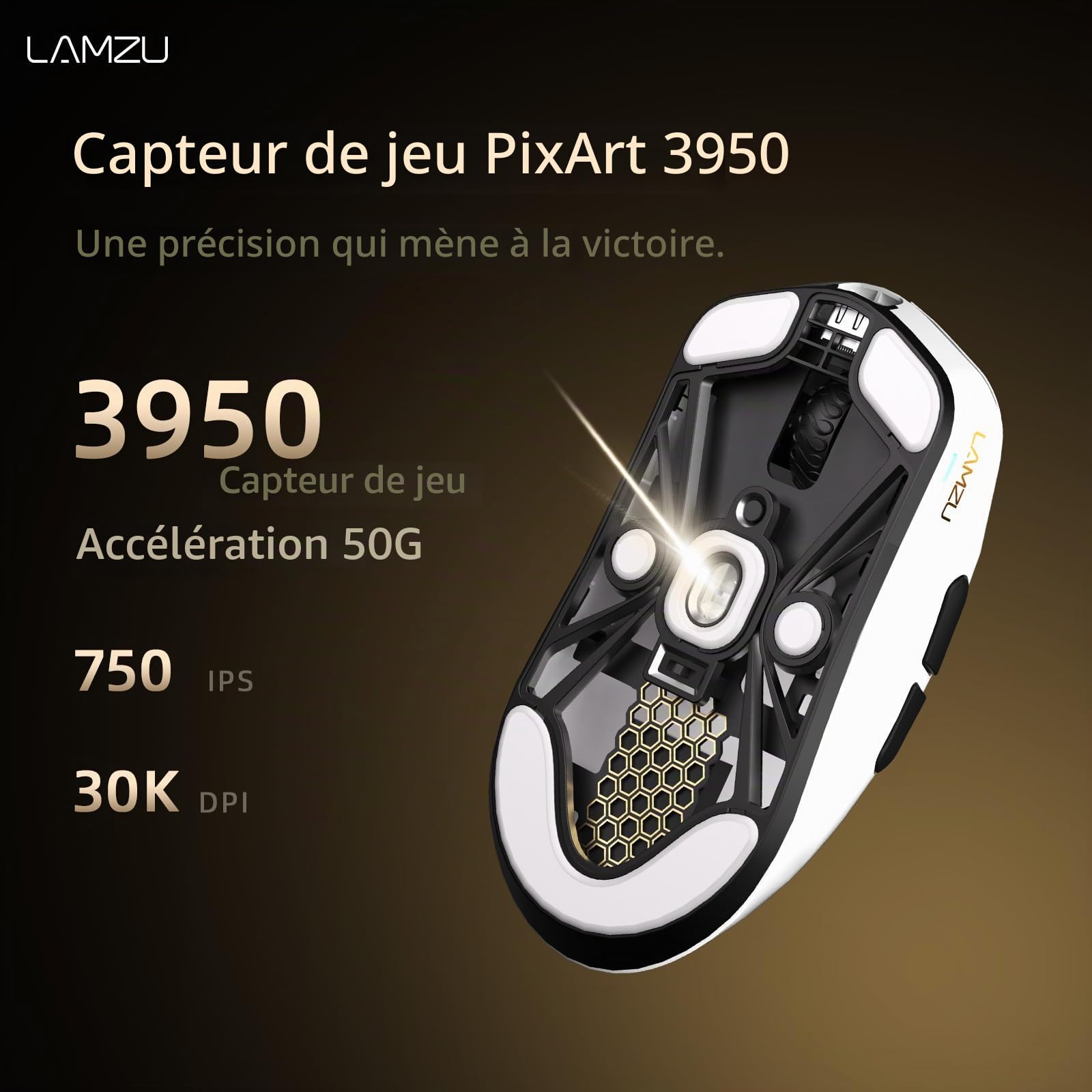 Lamzu Maya X Souris de jeu ultra légère 47 g, commutateur optique, 30 000 DPI, symétrique, MCU Nordic, encodeur anti-poussière, capteur PAW3950 (blanc)