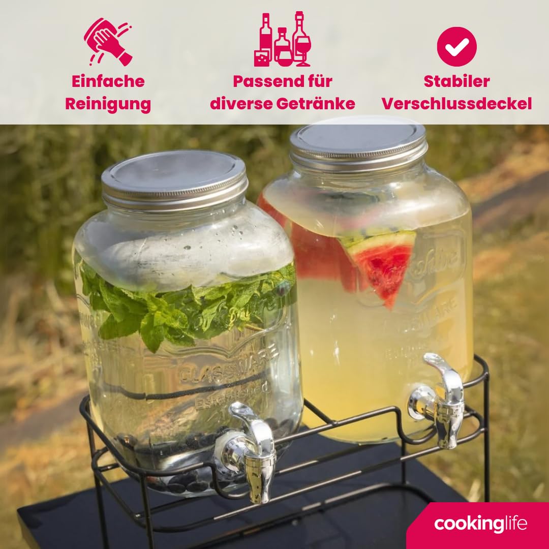 Cookinglife Getränkedispenser, Doppelt mit Ständer, 2 x 4 Liter, Glas und Stahl, Schwarz