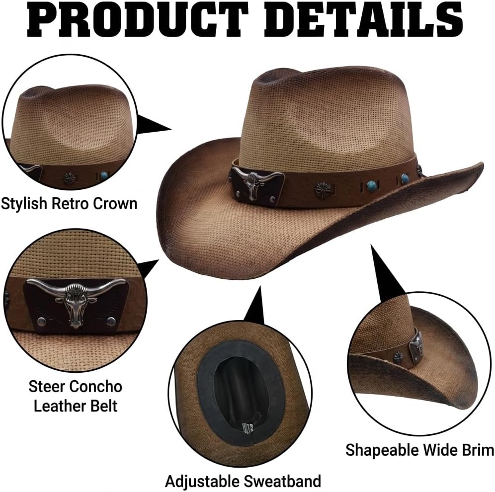 Cowboy Hat for Women and Men Straw Cattleman Crease Western Hats Wide with Shapeable Brim