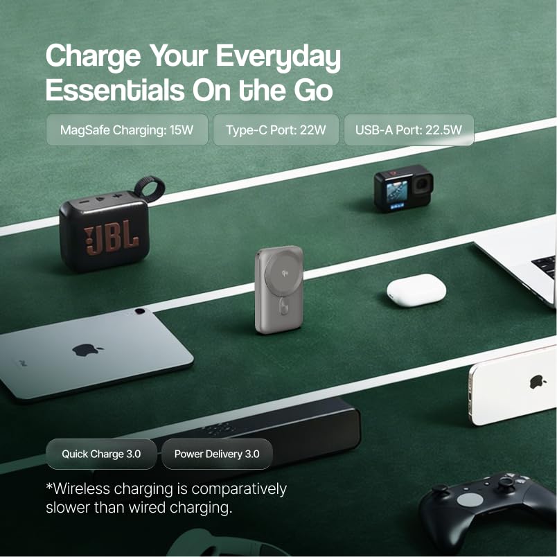 Image of Ambrane [New & Faster] Qi2 & MagSafe Wireless 10000mAh Powerbank, Improved 15W Faster Wireless Charging, 22.5W Wired Output, Qi2 Certified, Fast Charging, 22.5W Output, for iPhone (Snap 2, Blue)