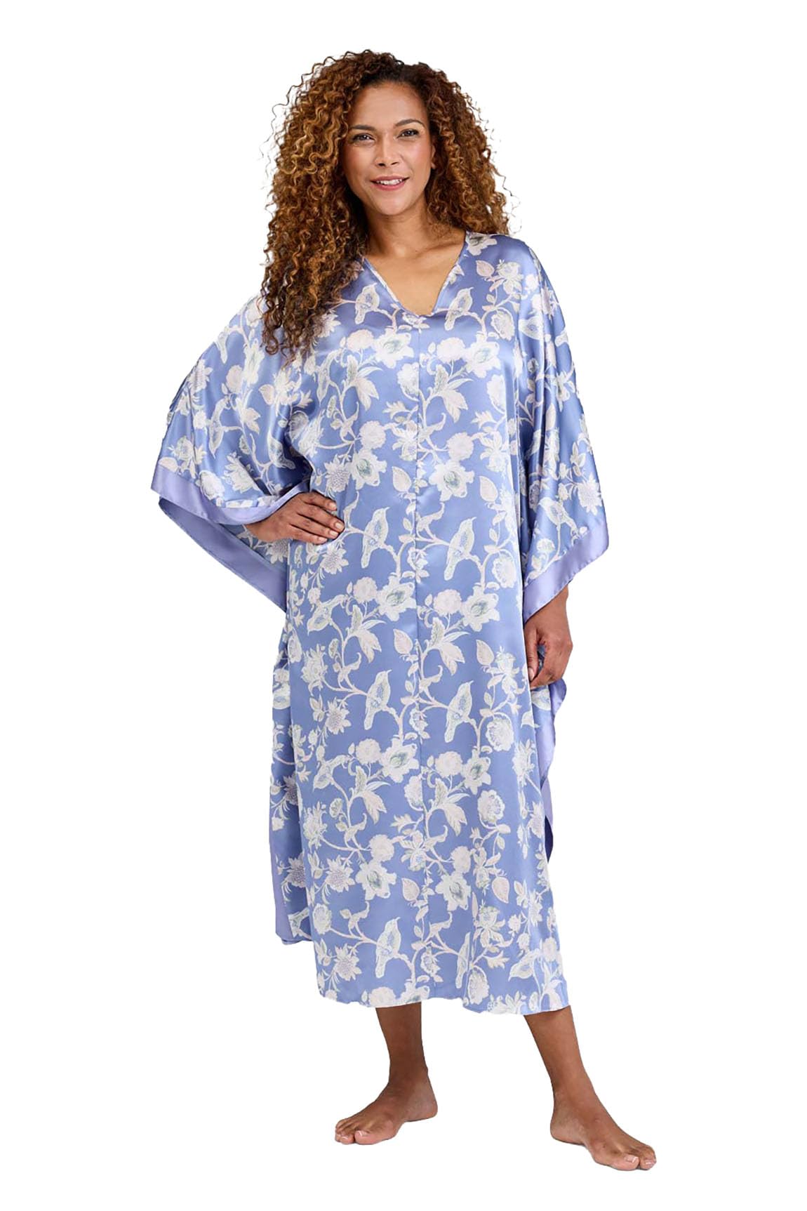 Chums Ladies Luxury Satin Kaftan Bird & Flower Print Charmeuse Sleepwear with Plain Satin Border Comfortable & Stylish Nightdress Denim One Size