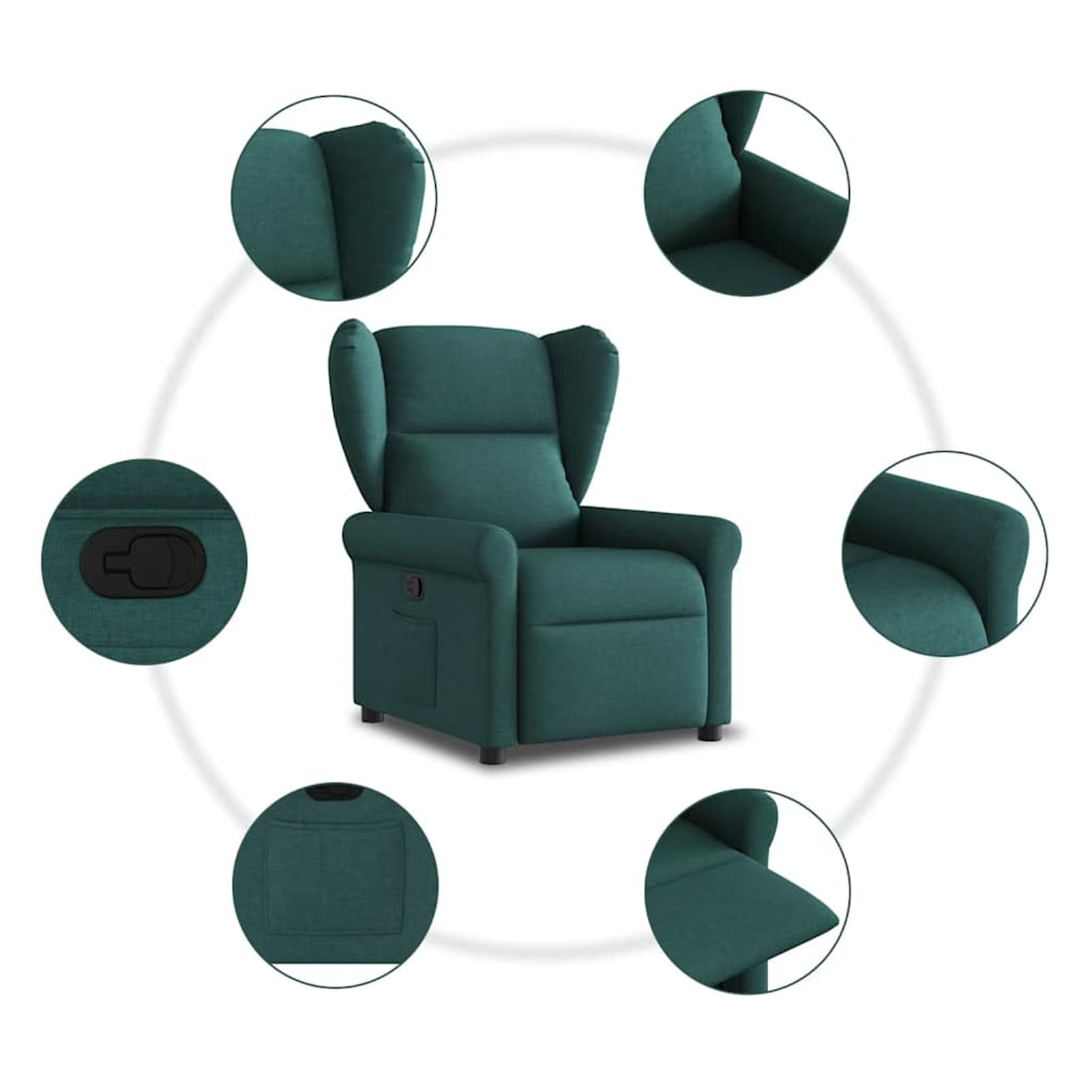 Poltrona relax verde scuro, rivestimento in tessuto (100% poliestere), robusto telaio in legno e metallo, portata 110 kg, larghezza della seduta 50 cm, per adulti