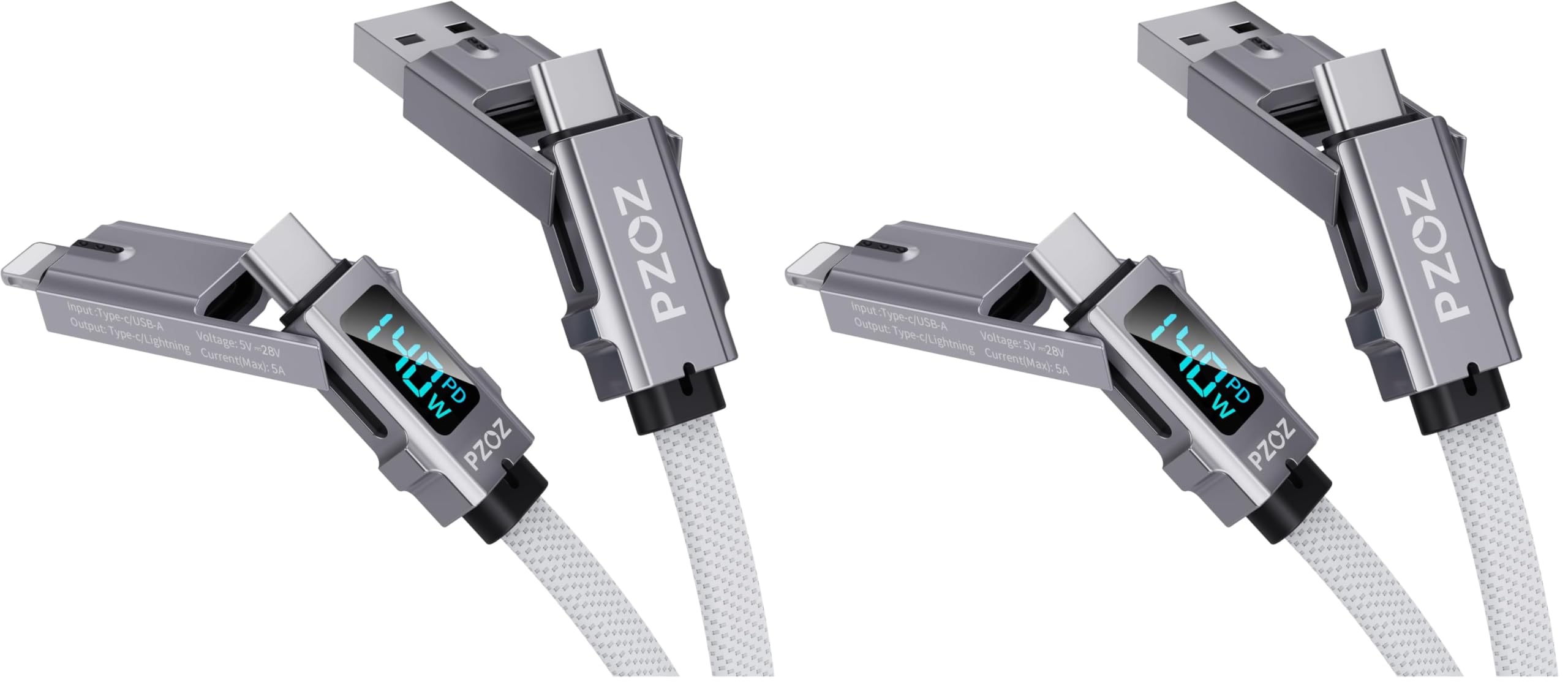 PZOZ 4-in-1 LED-Display Schnellladekabel 140W, 1.5M (Packung mit 2)