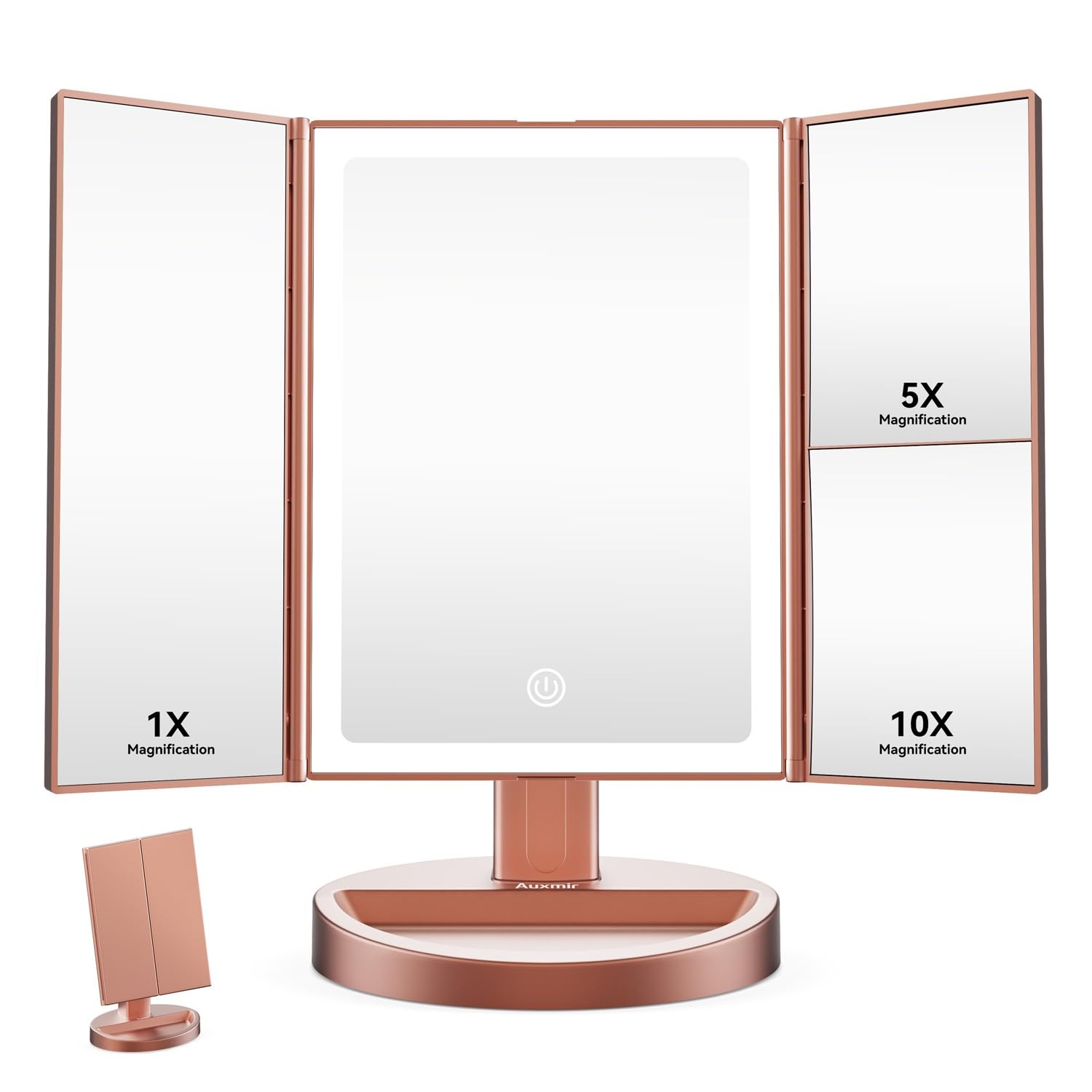 Auxmir Espejo Maquillaje con Luz, Recargable 1X/5X/10X Espejo Aumento Tríptico, 68 Luces LED con Pantalla Táctil Brillo Ajustable, Giratorio 180°, Oro Rosa
