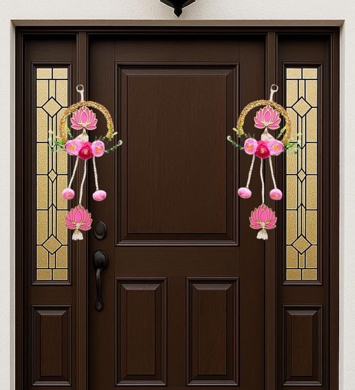 Image of Lotus Flower Hanging,Pair of 2, 24 Inch|Door Garlands for Main Door|Shubh Labh Hanging|Mandir & Temple Dcor|Diwali & Pooja Decoration|Home Mandir & Pooja Room Decoration Items|Home Dcor