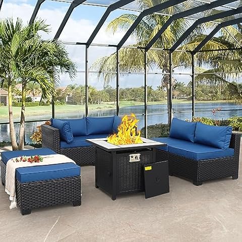 Lviden 7 Pieces Outdoor Patio Furniture Set, Black Wicker Sectional Couch, PE Rattan Conversation Sofa Set with Navy Blue Cushions and 5000 BTU Fire Pit Table Cover