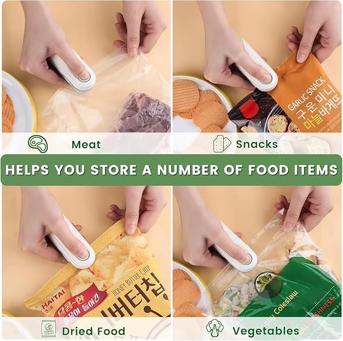 Image of BALON Mini Bag Sealer � Portable Rechargeable Handheld Heat Sealer & Cutter | 2-in-1 Resealer Machine for Plastic Bags, Food Storage, Snacks, Comb Freshness with Magnetic Base (White)