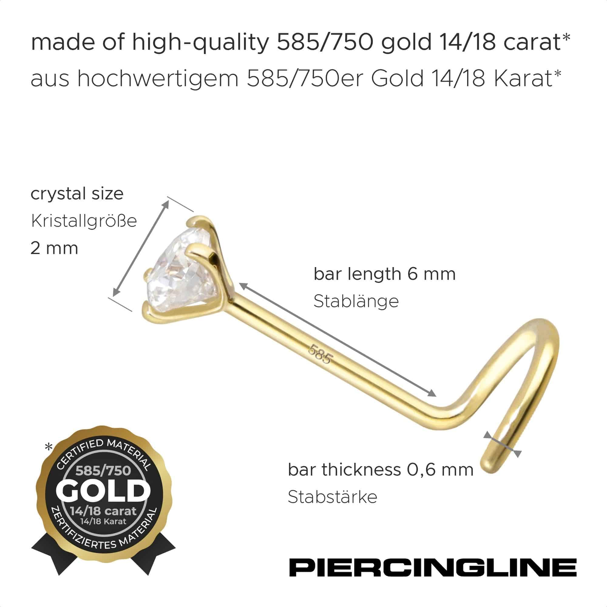 PIERCINGLINE Nasenpiercing 14K Gold Nasenstecker Spirale EINGEFASSTER MOISSANIT 585er Gold - Roségoldfarben, Goldfarben, Silberfarben