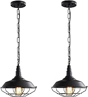 USHEDHOME Farmhouse Industrial Pendant Lights 2-Pack - Black Metal Wire Cage, Adjustable Chain, Dimmable for Kitchen Island Dining Room