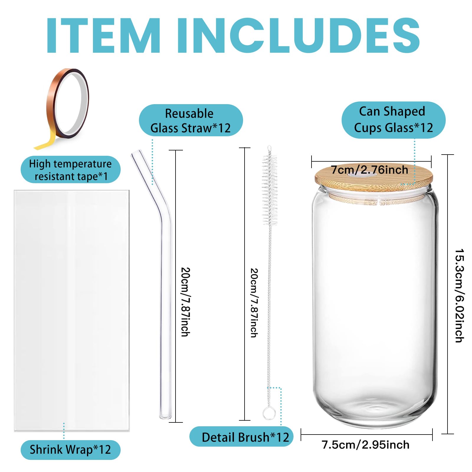 16OZ Glas 12 Stück Sublimationsglasdosen mit Strohhalmen und Abdeckung für Cocktails, Whisky, Cola, Saft, Soda, Tee, Wasser, Geschenkset (Grib Sublimation 12)