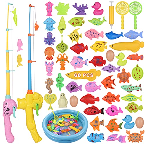 ZWOOS Juguete de Pesca para Niño 60 Piezas Juguete de Pesca Magnético con Caña Flotando Peces y Tarjeta para NiñosJuego de Pesca para Baño y Deportes al Aire Libre para Bebe (60pcs)